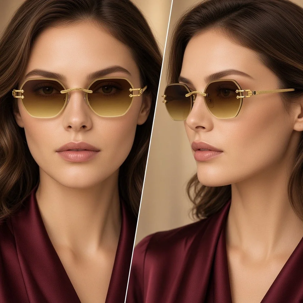 Women Sunglasses Minimalist Chic Streetwear Glam, Gold Hardware Brown Tint Gafas